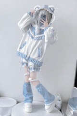 White/Blue [Sweet Star Bear] Long Sleeves Ruffle Hooded Japanese Jirai Kei Sports Coat - Product - 6