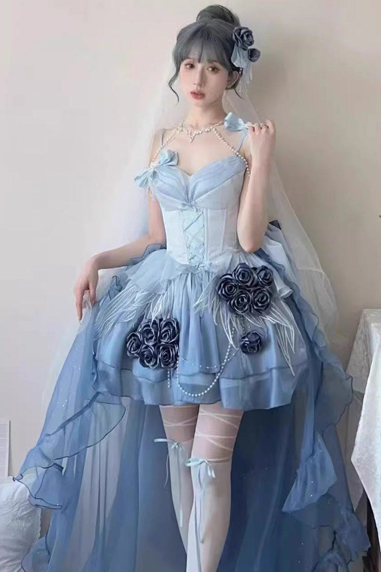 Sky Blue [Swan Wonderland] Embroidery Bowknot Lace-Up Sweet Ballet Lolita Jsk Dress Short Version - Blue - 1