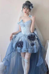 Sky Blue [Swan Wonderland] Embroidery Bowknot Lace-Up Sweet Ballet Lolita Jsk Dress Short Version - Blue - 1
