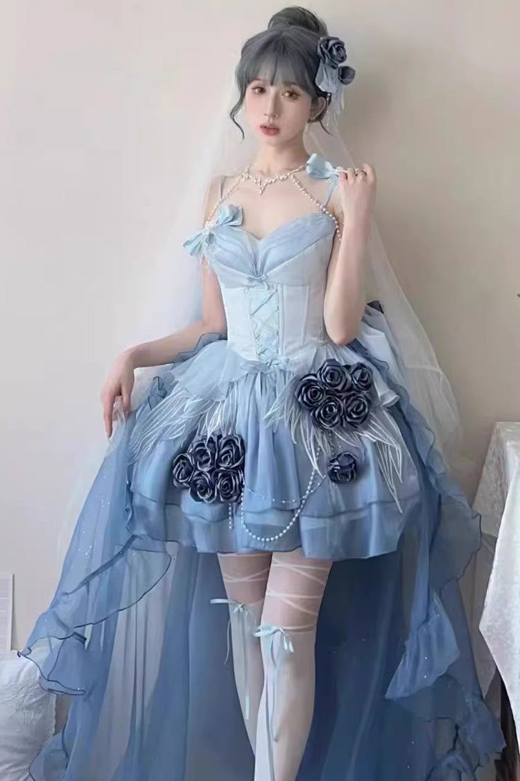 Sky Blue [Swan Wonderland] Embroidery Bowknot Lace-Up Sweet Ballet Lolita Jsk Dress Short Version - Blue - 1