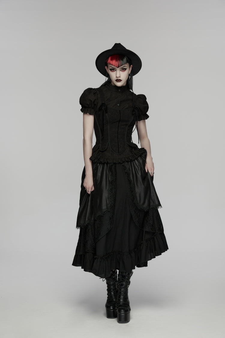 Black High Waisted Multi-Layered Floral Embroidered Lace Pleated Women's Gothic Elegant Cosplay Skirt - Product - 7
