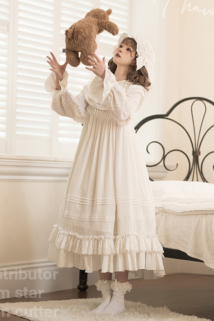 White [Good Night] Long Sleeves Double-Layered Ruffle Bowknot Lace-Up Holy Sweet Lolita Dress - Product - 2