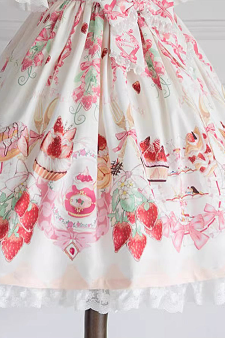 [Strawberry Feast] Sleeveless Printed Ruffled Bow Sweet Lolita Jsk Dress 4 Colors - Ivory - 10