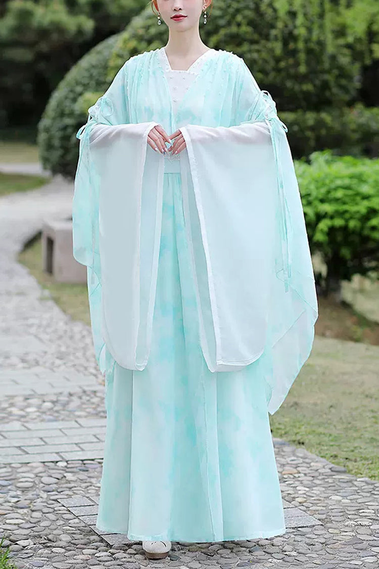 Blue V Collar High Waisted Lace-Up Women's Classic Hanfu Dress - Blue - 1