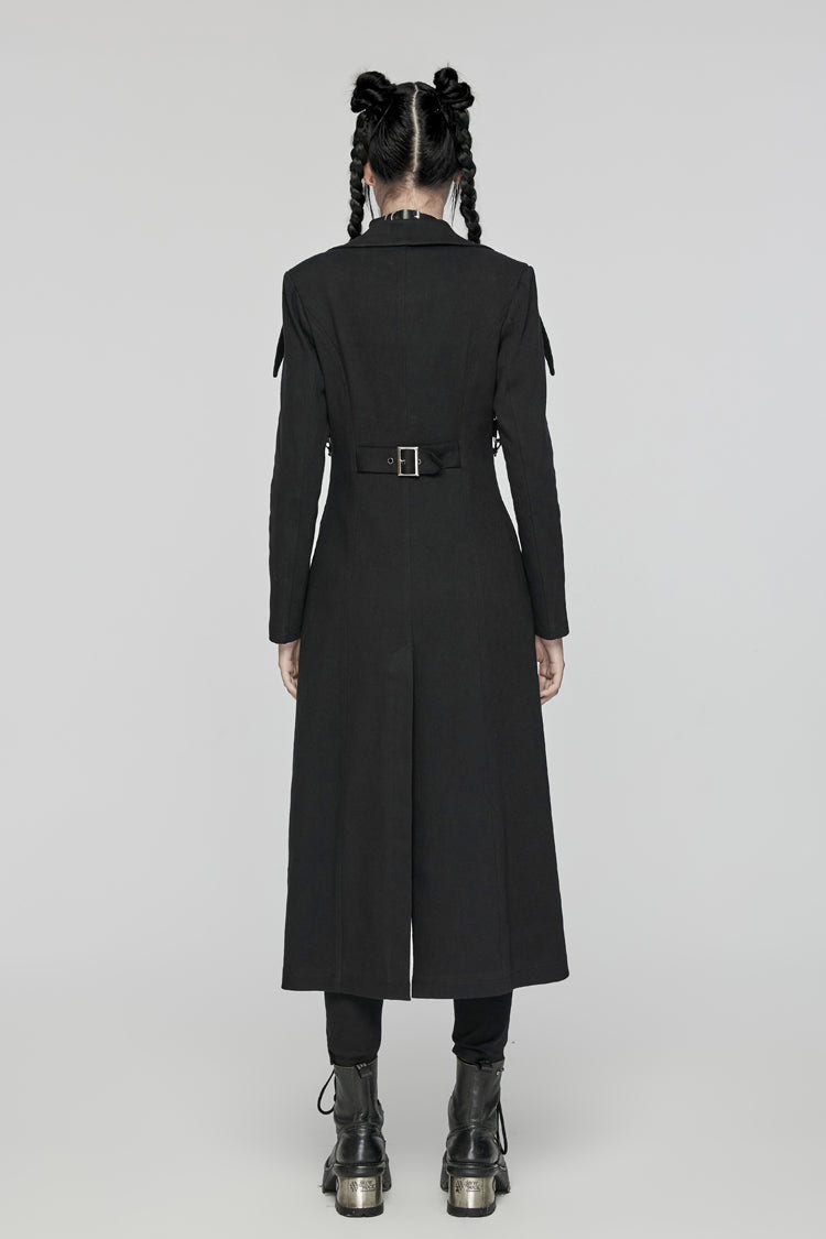 Black Lapel Collar Metal Chains Long Sleeves Women's Punk Long Coat - Product - 6