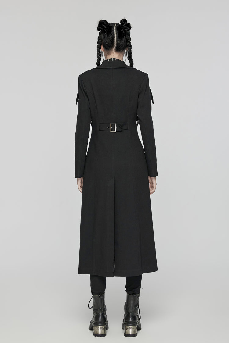 Black Lapel Collar Metal Chains Long Sleeves Women's Punk Long Coat - Product - 6