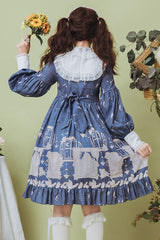 Dark Blue Classical Alarm Clock Print Long Sleeve Bowknot Sweet Lolita Op Dress - Product - 4