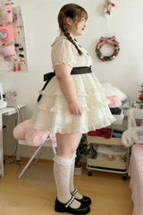 White Doll Collar Short Sleeves Triple-Layered Polka Dots Printed Ruffled Bow Plus Size Princess Sweet Lolita Dress - Product - 6
