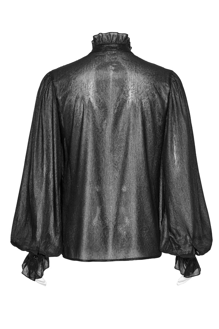 Black Stand Collar Jacquard Ruffle Men's Gothic Blouse - Product - 5