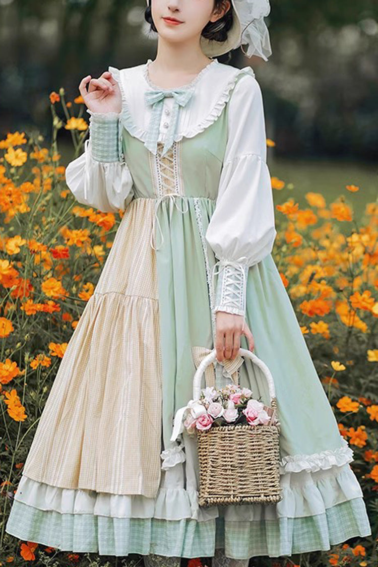 Multi-Color Plaid Print Stitching Ruffle Long Sleeves Sweet Lolita Dress - Multi-Color - 1