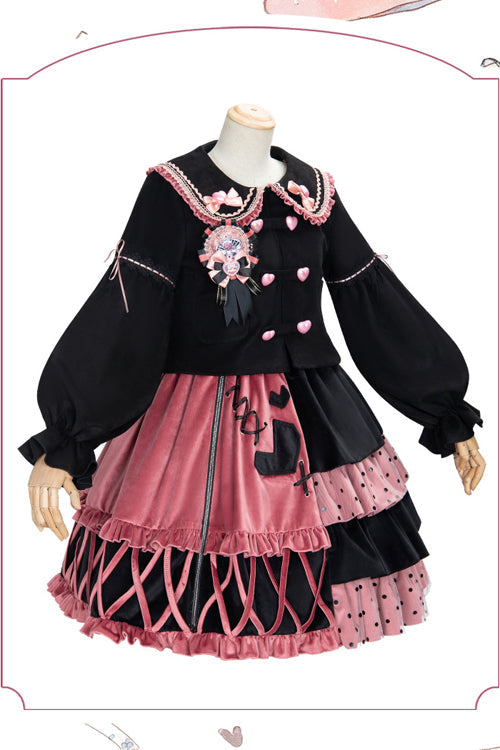 Pink/Black Vintage Stitching Strawberry Sweet Lolita JSK Dress - Product - 5