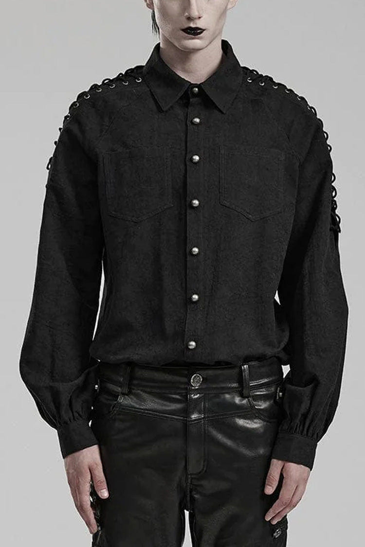 Men's Long Puff Sleeves Shoulder Straps Embroidery Mens Gothic Blouse 2 Colors - Black - 2