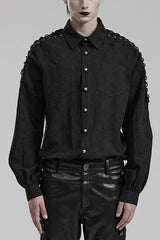 Men's Long Puff Sleeves Shoulder Straps Embroidery Mens Gothic Blouse 2 Colors - Black - 2