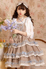 Brown Plaid Print Lace Layered Ruffled High Waist Sweet Lolita JSK Dress - Product - 2