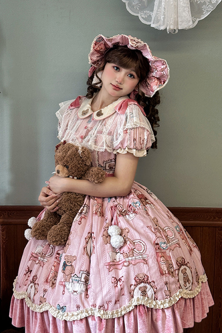 Pink Bear Doll Wall Print Short Sleeves Ruffle Embroidery Bowknot Sweet Lolita Dress - Product - 5