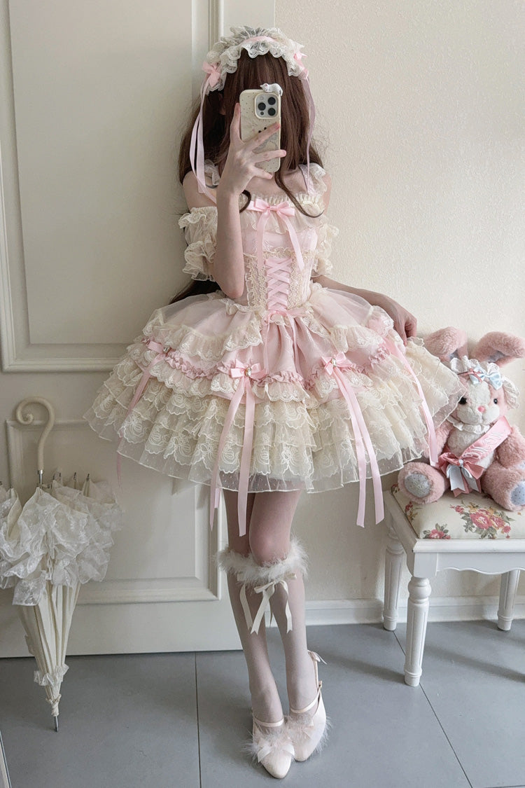 Pink [Ribbon Heart Love] Sleeveless Multi-Layered Ruffle Bowknot Lace Lace-Up Sweet Princess Ballet Lolita Jsk Dress - Product - 5