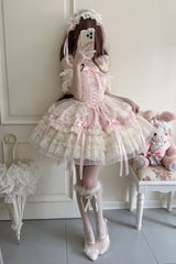 Pink [Ribbon Heart Love] Sleeveless Multi-Layered Ruffle Bowknot Lace Lace-Up Sweet Princess Ballet Lolita Jsk Dress - Product - 5