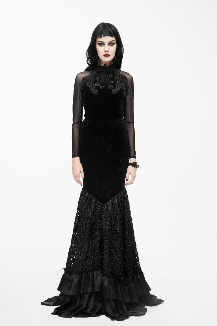 Black High Collar Front Chest Rose Decals Mesh Long Sleeve Rose Embossed Velvet Women's Gothic T-Shirt - Product - 2