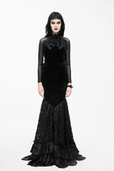 Black High Collar Front Chest Rose Decals Mesh Long Sleeve Rose Embossed Velvet Women's Gothic T-Shirt - Product - 2