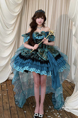 Blue/Green [Peacock Spirit Princess] Sleeveless Multi-Layered Ruffled Bow Lace-Up Classic Elegant Lolita Jsk Dress - Product - 5