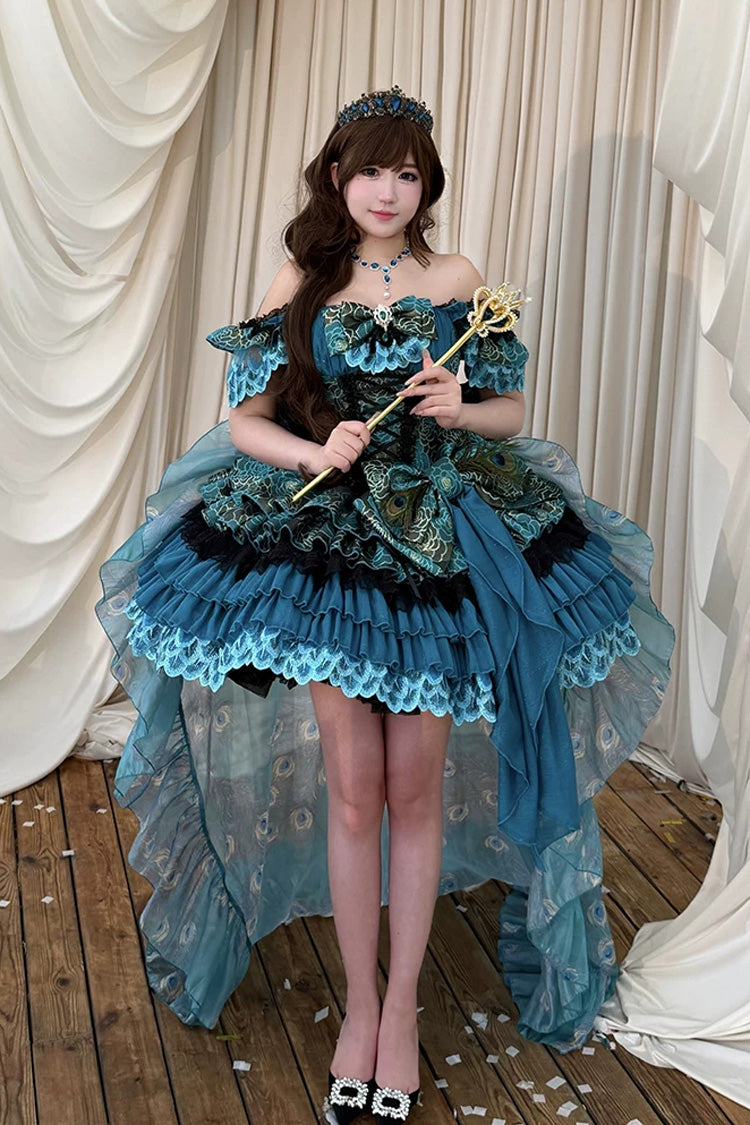 Blue/Green [Peacock Spirit Princess] Sleeveless Multi-Layered Ruffled Bow Lace-Up Classic Elegant Lolita Jsk Dress - Product - 5