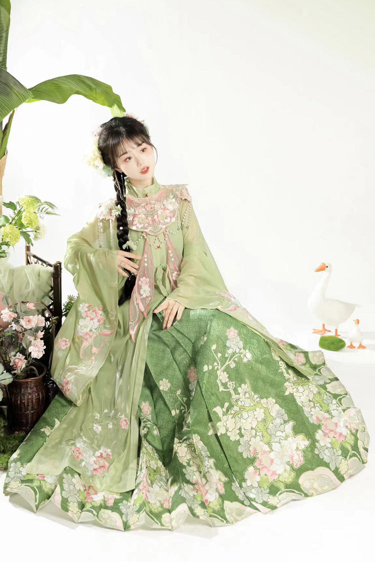 Green Stand Collar Long Sleeves Ming-Style Embroidery Cloud Shoulder Sweet Hanfu Horse-Face Dress Set - Product - 2