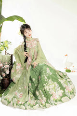 Green Stand Collar Long Sleeves Ming-Style Embroidery Cloud Shoulder Sweet Hanfu Horse-Face Dress Set - Product - 2