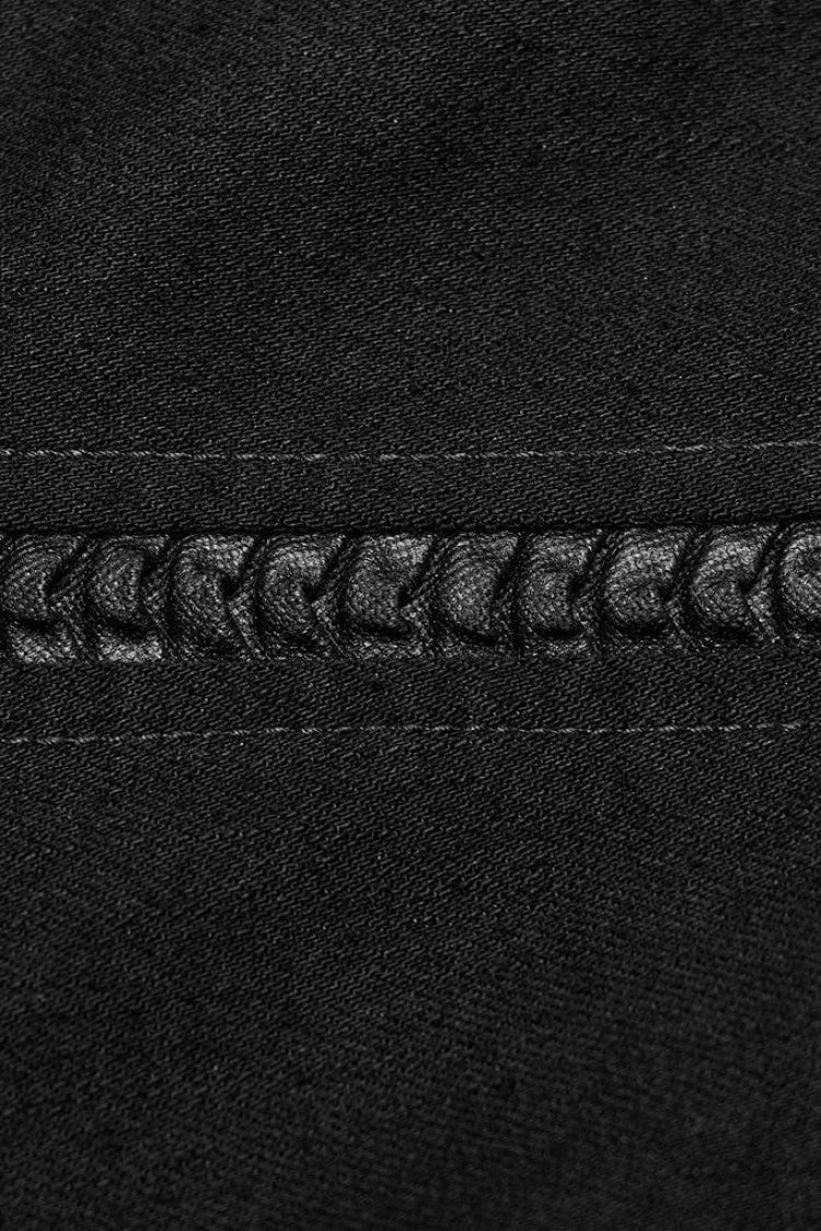 Black Denim Eyelet Rope Stand Collar Zipper Slim Irregular Womens Steampunk Coat - Product - 7