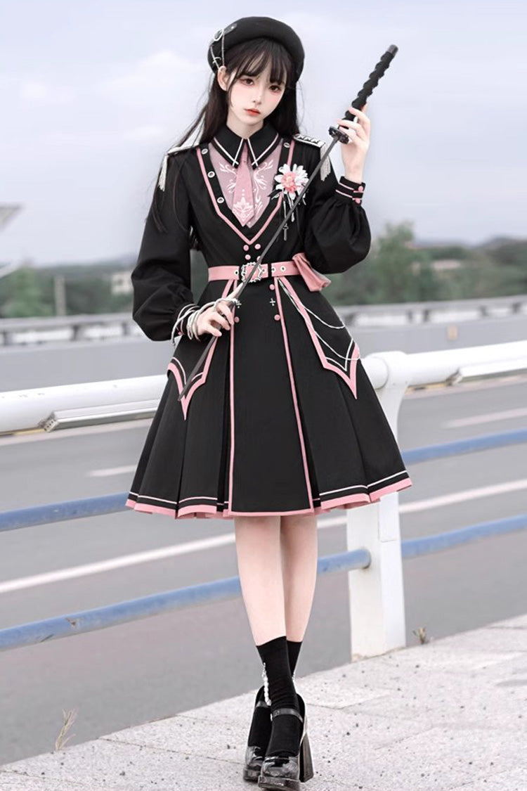 Black/Pink Long Sleeves Ruffle Gothic Military Elegant Princess Lolita Dress - Product - 2