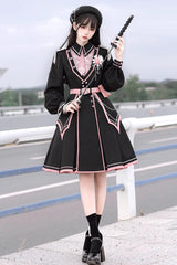 Black/Pink Long Sleeves Ruffle Gothic Military Elegant Princess Lolita Dress - Product - 2