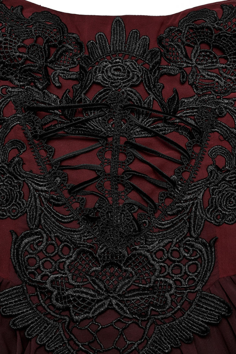 Black/Red Floral Embroidery Lace-Up Women's Gothic Slip Dress - Product - 6
