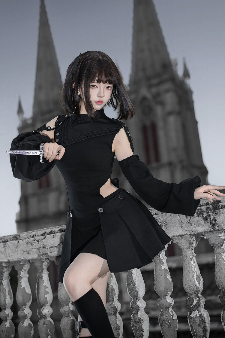 Black [Reserve Tactics] Ruffled Cut-Out Asymmetric Gothic Lolita Dress Set - Product - 3