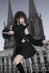 Black [Reserve Tactics] Ruffled Cut-Out Asymmetric Gothic Lolita Dress Set - Product - 3