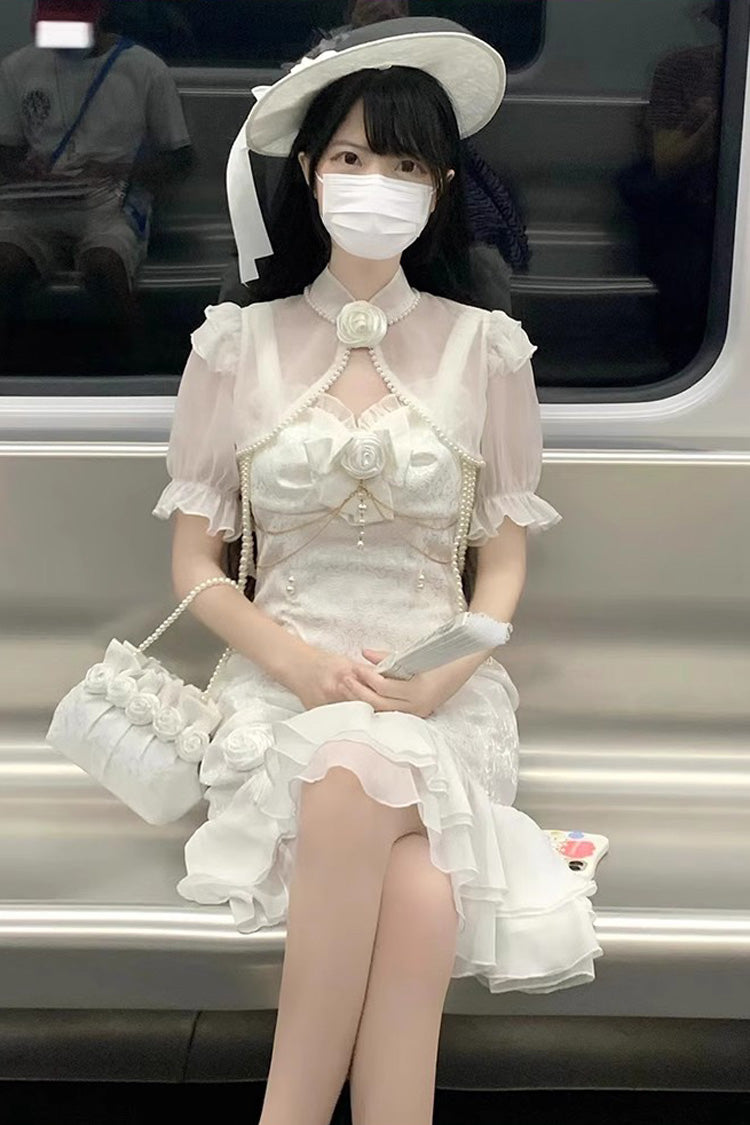 Camellia Rose Ruffle Asymmetric Gothic Chinese Style Elegant Lolita Jsk Dress 3 Colors - White - 8