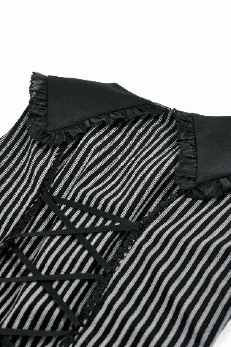 Black/Grey Navy Collar Sleeveless Bow Lace-Up Pinstripe Multi-Layered Ruffled Women's Gothic Dress - Product - 17
