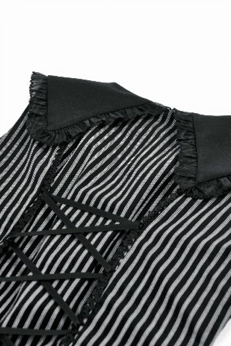 Black/Grey Navy Collar Sleeveless Bow Lace-Up Pinstripe Multi-Layered Ruffled Women's Gothic Dress - Product - 17