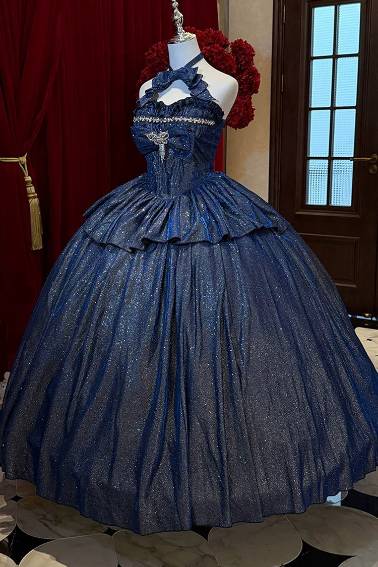 Blue [Paris-Inspired] Sleeveless Glitter Series Ruffled Cut-Out Bow Sweet Lolita Skirt Set - Product - 3