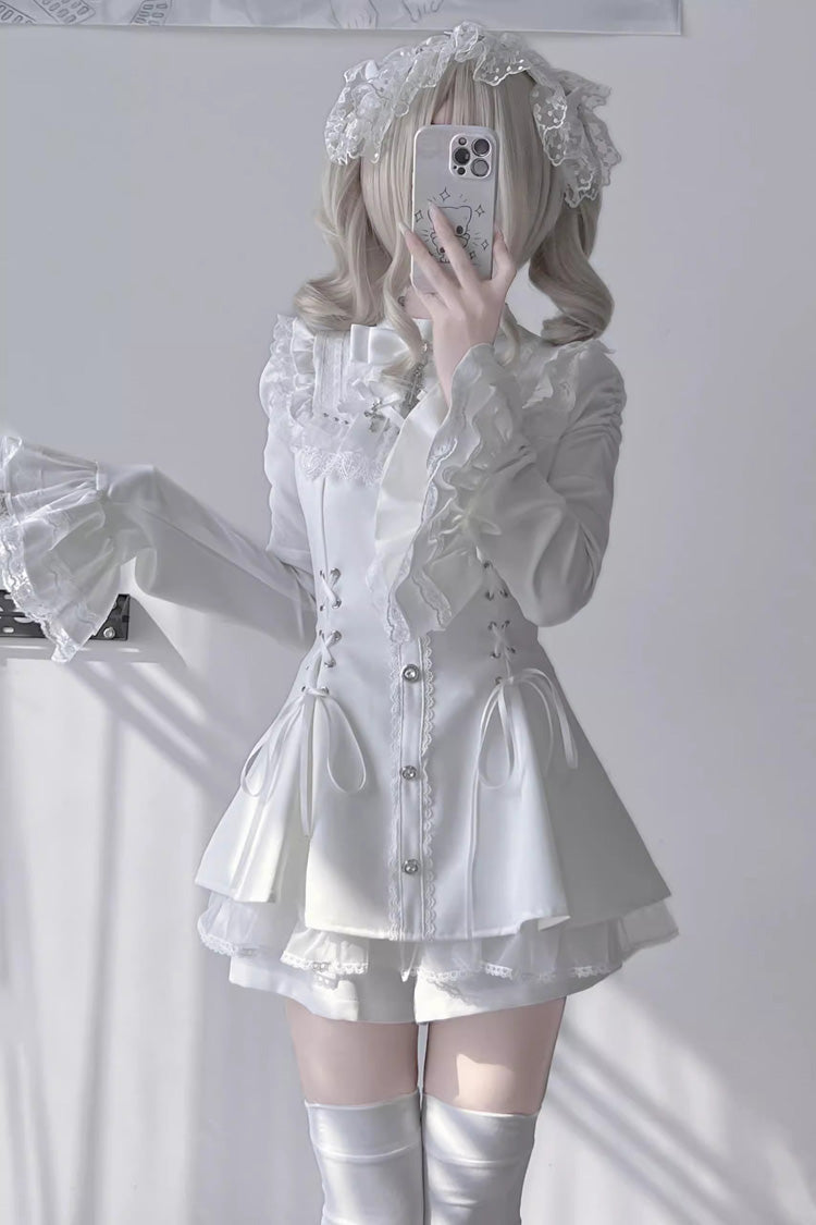 White Long Trumpet Sleeves Bowknot Lace-Up Gothic Jirai Kei Dress Shorts Set - Product - 5