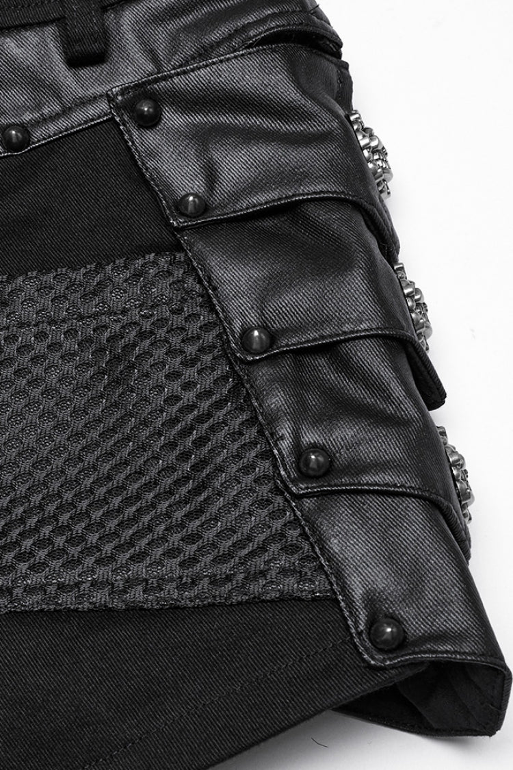 Black Stitching Faux Leather Mesh Studded Women's Punk Shorts - Product - 8