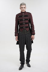 Red Silk Stand Collar Printed Metal Breasted Cross Zipper Back Slit Vintage Men's Gothic Jacket - Product - 3