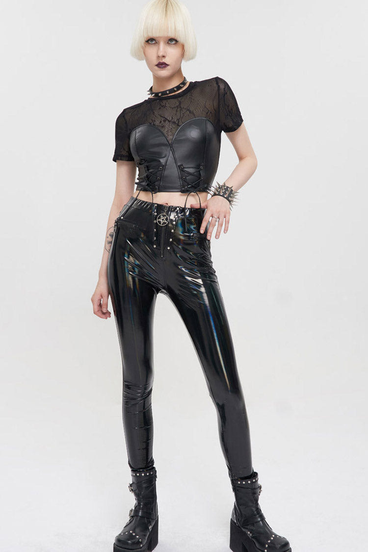 Black Punk Short Sleeve Mesh-Paneled Matte Leather Crew Neck Women's T-Shirt - Product - 5