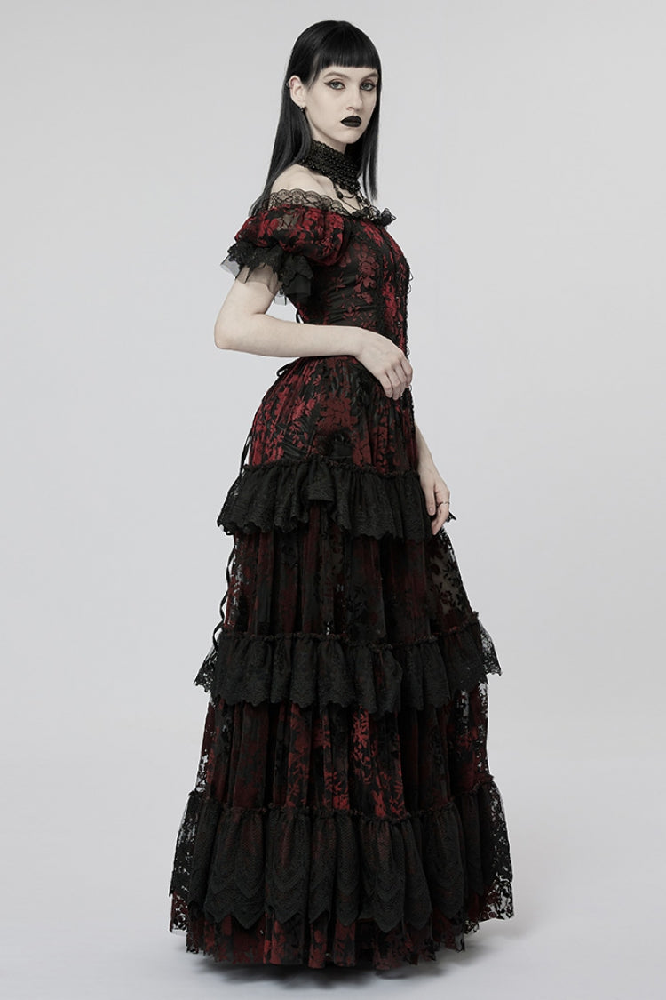 Short Puff Sleeves Print Ruffle Lace Women's Gothic Dress 2 Colors - Product - 10