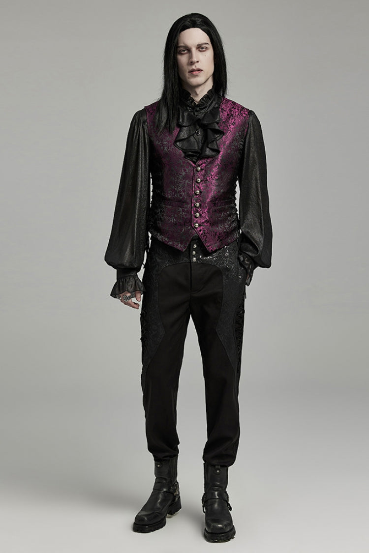Black Stand Collar Jacquard Ruffle Men's Gothic Blouse - Product - 4