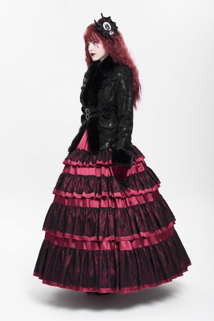 Black Long Sleeves Rose Floral Embroidery Buckle Straps Women's Gothic Coat - Product - 6
