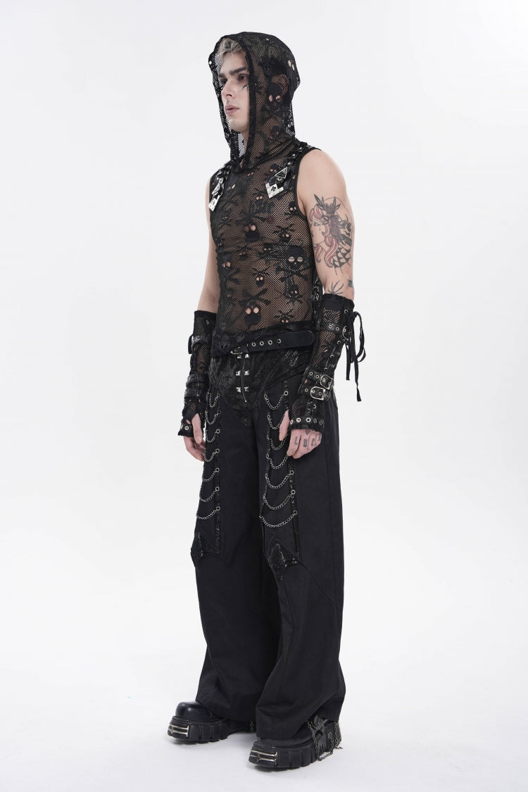 Black Sleeveless Slim  Skull Hooded Mesh Eyelet Men's Punk Cool Vest - Product - 3