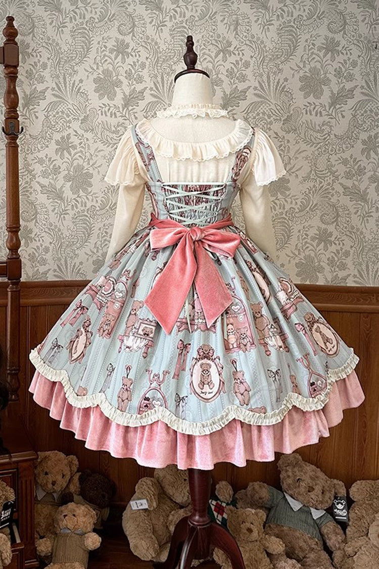 Pink/Green Bear Doll Wall Print Ruffle Embroidery Bowknot Sweet Lolita Jsk Dress - Product - 4