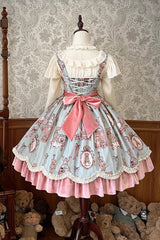 Pink/Green Bear Doll Wall Print Ruffle Embroidery Bowknot Sweet Lolita Jsk Dress - Product - 4
