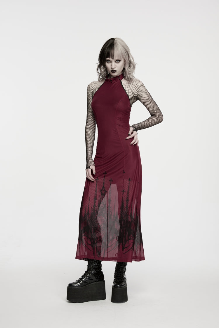 Red Halterneck Sleeveless Double-Layered Church Skull Printed  Printed Lace-Up Slim Women's Gothic Dress Graduation Dress - Product - 5