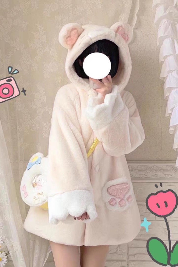 [Sleepy Bear and Cat] Long Sleeves Hooded Sweet Lolita Coat 3 Versions - White-Bear - 1