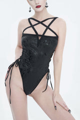 Black Pentagram Print Side Cutout Strap Women's Gothic One Piece Swimsuit - Black - 1
